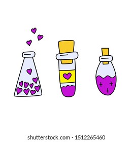 Set of magic potions. Hand-drawn vector. Bright collection of test tubes, chemical compounds, love spells. Isolated over white background. For Halloween decoration. Magic bundle.