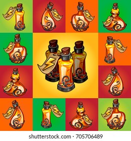 Set of magic potions, perfume or essential oil in glass flasks isolated on multicolored background. Sketch for stickers, card, wrapping paper. Cartoon vector close-up illustration