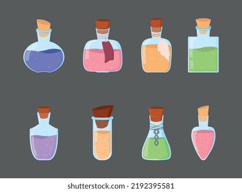 Set of magic potions vector, Elixirs to increase abilities, Magic colorful drinks, game elements, equipment for the character, Glass bottles, cartoon illustrations set