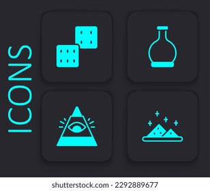 Fijar pólvora mágica, dados de juego, Botella con poción y ícono de Ojo de Dios. Botón cuadrado negro. Vector