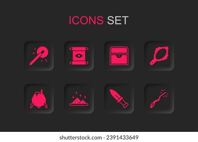 Set Magic powder, scroll, wand, Dagger, hand mirror, Antique treasure chest and Witch cauldron icon. Vector