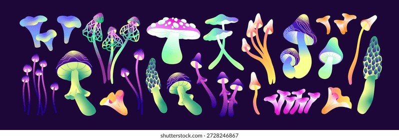 Conjunto de cogumelos mágicos psilocibina. Diferente colorido boleto de veneno alucinógeno. Vários fungos neônicos psicodélicos. Plantas tóxicas e trippy da floresta de fantasia. Ilustrações isoladas planas de vetor