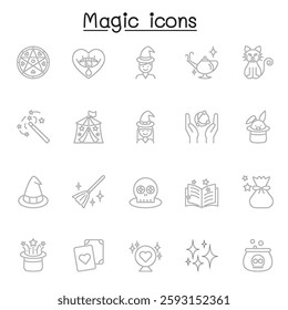 Set of Magic Related Vector Line icon. Contains such icon as clairvoyance, magician, witch, Wand, Spell Book, Effect and more