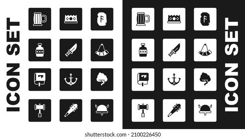 Set Magic rune, Dagger, Whiskey bottle, Wooden beer mug, Hunting horn, King crown, Cloud and lightning and Viking book icon. Vector