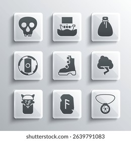 Set Magic rune, Necklace with gem, Cloud and lightning, Ancient viking boots, Viking head, Shield, Skull and Old money bag icon. Vector