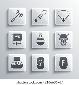 Set Magic rune, Skull with viking helmet, Bottle potion, Viking ship Drakkar, book, Medieval poleaxe and Necklace gem icon. Vector