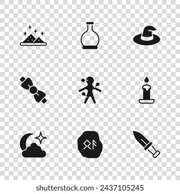 Set Magic Runes, Brennende Kerze, Dolch, Voodoo Puppe, Hexenhut, Pulver, Flasche mit Trank und Fliege Symbol. Vektor