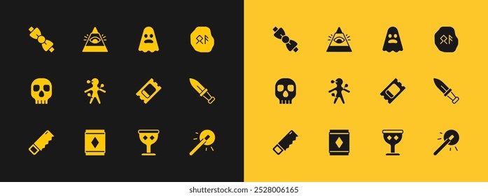 Conjunto de runas mágicas, alfombra, boleto de circo, copa medieval, muñeca vudú, fantasma, pajarita e icono de ojo de Dios que todo lo ve. Vector