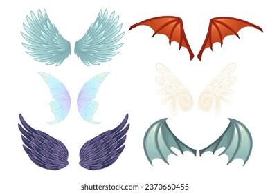 Set of Magic scary,demon, angel and fairy wings cartoon style vector illustration isolated on white background