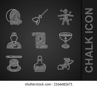 Set Magic scroll, Bottle with potion, Hermes sandal, Medieval goblet, hat wand, Wizard warlock, Voodoo doll and Moon stars icon. Vector