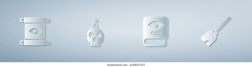 Set Magic scroll, Burning candle on skull, Ancient magic book and Witches broom. Paper art style. Vector