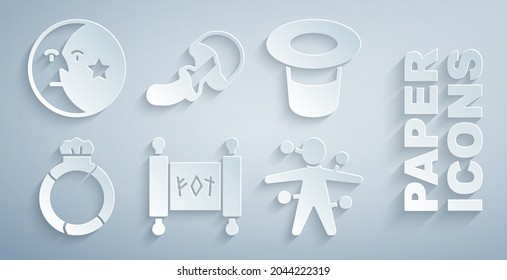 Set Magic scroll, hat, stone ring with gem, Voodoo doll, Psilocybin mushroom and Moon and stars icon. Vector