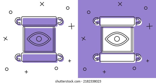 Set Magic scroll icon isolated on white and purple background. Decree, paper, parchment, scroll icon.  Vector