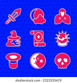 Set Magic scroll, Moon and stars, Skull, ball, hat, Witch, Mantle, cloak, cape and Medieval sword icon. Vector