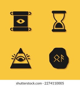 Set Magic scroll, runes, All-seeing eye of God and Old hourglass icon with long shadow. Vector