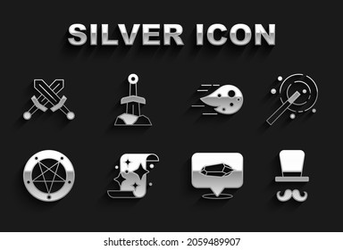 Set Magic scroll, wand, Magician, stone, Pentagram in circle, Fireball, Crossed medieval sword and Sword the icon. Vector
