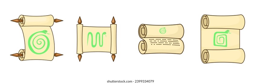 A set of magic scrolls isolated on white background. Vector flat illustration with outline.	