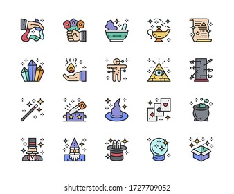 Set of Magic Show Flat Color Line Icons. Illusionist, Wizard, Circus and more.