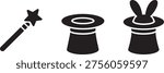 Set of magic show icons. Silhouette of magic wand, top hat and rabbit emerging from hat on checkered background. Illusionist