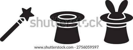 Set of magic show icons. Silhouette of magic wand, top hat and rabbit emerging from hat on checkered background. Illusionist's tools.