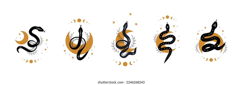 Set of magic snakes in boho style with moon. Mystical symbols in a trendy minimalist style. Esoteric vector illustration.