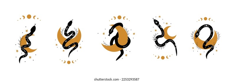 Set of magic snakes in boho style with moon. Mystical symbols in a trendy minimalist style. Esoteric vector illustration.