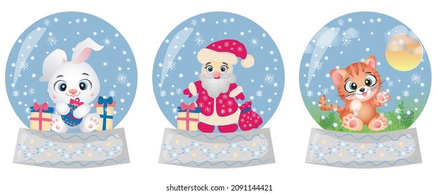 Juego de nieve mágica con Santa Claus. Ilustración vectorial al estilo infantil de dibujos animados