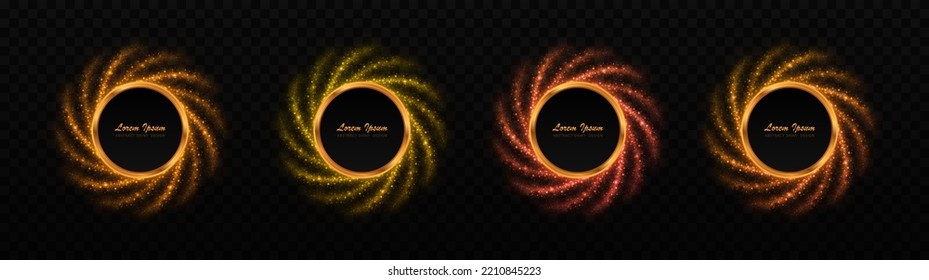 Set of magic sparkle circles with dust particles. Luxury golden glitter frames twinkle on transparent background.