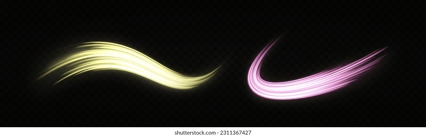 Set of magic sparkling trails of comet. Luminous lines on transparent background.