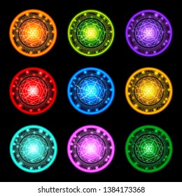 Set of magic spell rings. Colored magical circles. Superhero concept. Clean and modern vector illustration for design, web.