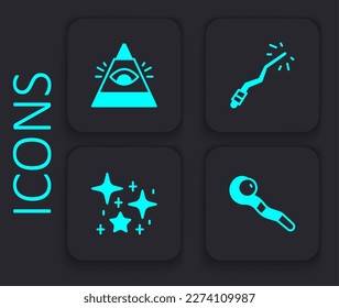 Set Magic staff, All-seeing eye of God, wand and Magical glitter particles icon. Black square button. Vector