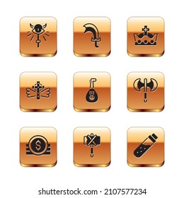 Set Magic staff, Ancient coin, Medieval axe, Lute, Christian cross, King crown, Bottle with potion and Sword for game icon. Vector