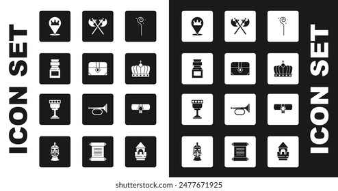Conjunto de mágico personal, cofre del tesoro antiguo, veneno en botella, Locación rey corona, rey, cruzado ejes medievales, decreto, pergamino, pergamino e ícono de copa medieval. Vector
