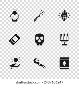 Conjunto de personal mágico, vela, alfombra, calavera, piedra, botella con poción de amor, varita e icono de boleto de circo. Vector