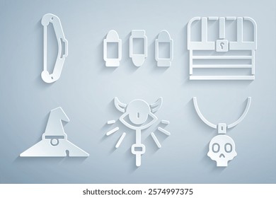 Set Magic staff, Chest, Witch hat, Necklace amulet, Bullet and Medieval bow icon. Vector
