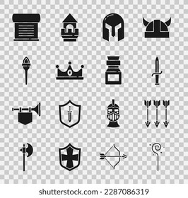 Set Magic staff, Crossed arrows, Dagger, Medieval iron helmet, King crown, Torch flame, Decree, parchment, scroll and Poison bottle icon. Vector
