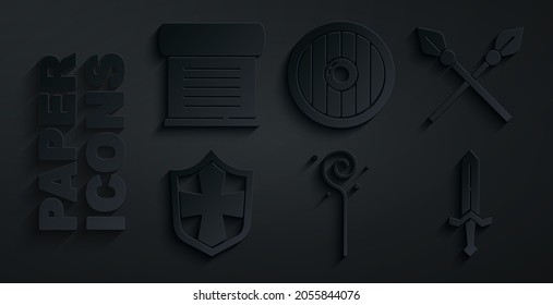 Set Magic staff, lanzas medievales cruzadas, Escudo, espada medieval, escudo y decreto de madera redonda, pergamino, icono de desplazamiento. Vector