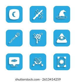 Set Magic staff, Crossed medieval sword, Ancient magic book, All-seeing eye of God, stone, Witch hat and Moon and stars icon. Vector