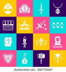 Set Magic staff, Grave with tombstone, Bullet, Dagger, King crown, Chest, Video game bar and Sword blood icon. Vector