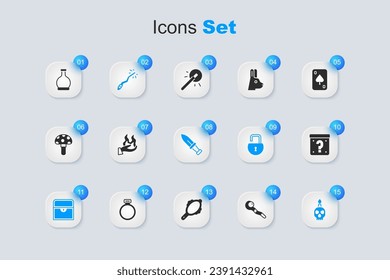 Set Magic staff, Hand holding fire, wand, Antique treasure chest, Burning candle on skull, Mystery box, Bottle with potion and Dagger icon. Vector