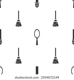 Set Magic staff, Magic hand mirror and Witches broom on seamless pattern. Vector