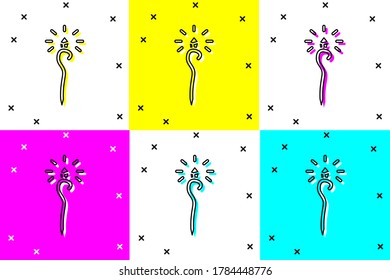 Set Magic staff icon isolated on color background. Magic wand, scepter, stick, rod.  Vector Illustration