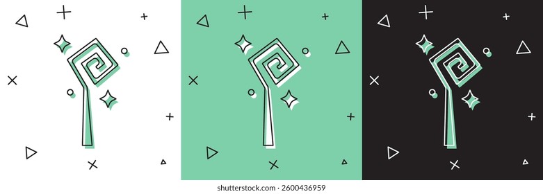 Set Magic staff icon isolated on white and green, black background. Magic wand, scepter, stick, rod.  Vector