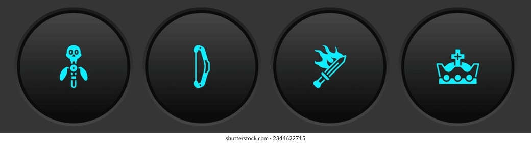 Set Magic staff, Medieval bow, Sword for game and King crown icon. Vector