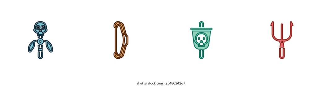 Set Magic staff, Medieval bow, Pirate flag and Neptune Trident icon. Vector
