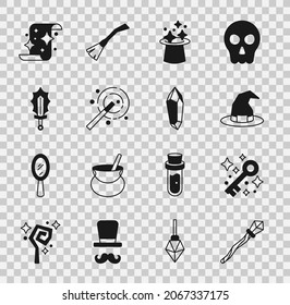 Set Magic staff, Old magic key, Witch hat, wand, sword in fire, scroll and stone icon. Vector