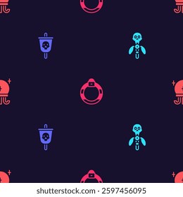 Set Magic staff, Pirate flag, stone ring and ball on seamless pattern. Vector