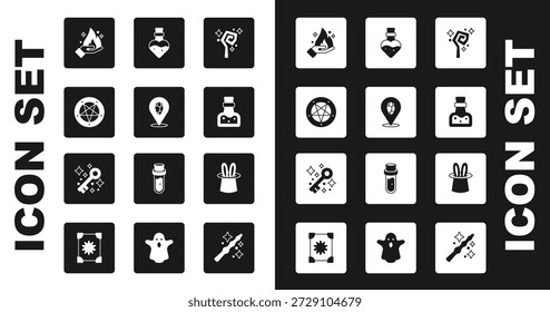 Set Magic staff, stone, Pentagram in circle, Hand holding fire, Bottle with potion, Magician hat rabbit ears and Old magic key icon. Vector