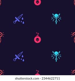 Ponga el equipo de Magic, Espada con sangre, Bomba lista para explotar y hacer ruido en un patrón ininterrumpido. Vector