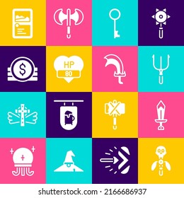 Set Magic staff, Sword for game, Neptune Trident, Old key, Video bar, Ancient coin, Card collection and icon. Vector